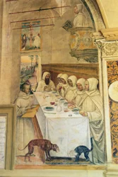 St. Benedict finner mel og mater munkene, fra Life of St. Benedict, 1497-98